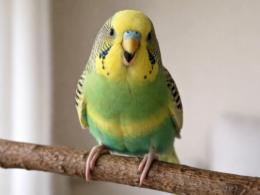 Close-up of an anonymous pet bird showing open-mouth breathing and slight tail-bobbing on a perch.