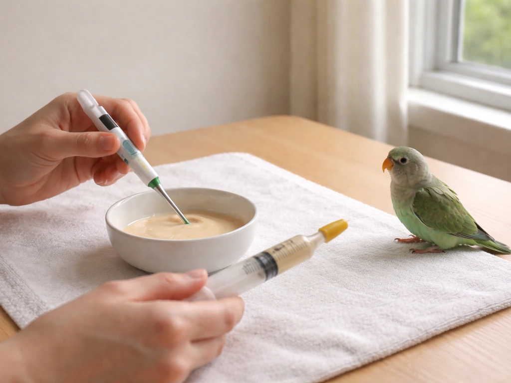 Hand-feeding setup with a bird formula bottle and a caregiver checking temperature in a quiet room.