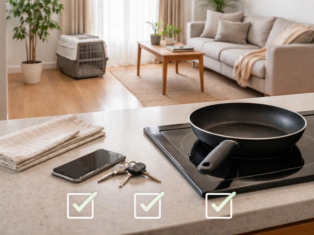 Pet carrier moved away from the kitchen as the non-stick pan is off, with a simple checklist overlay.