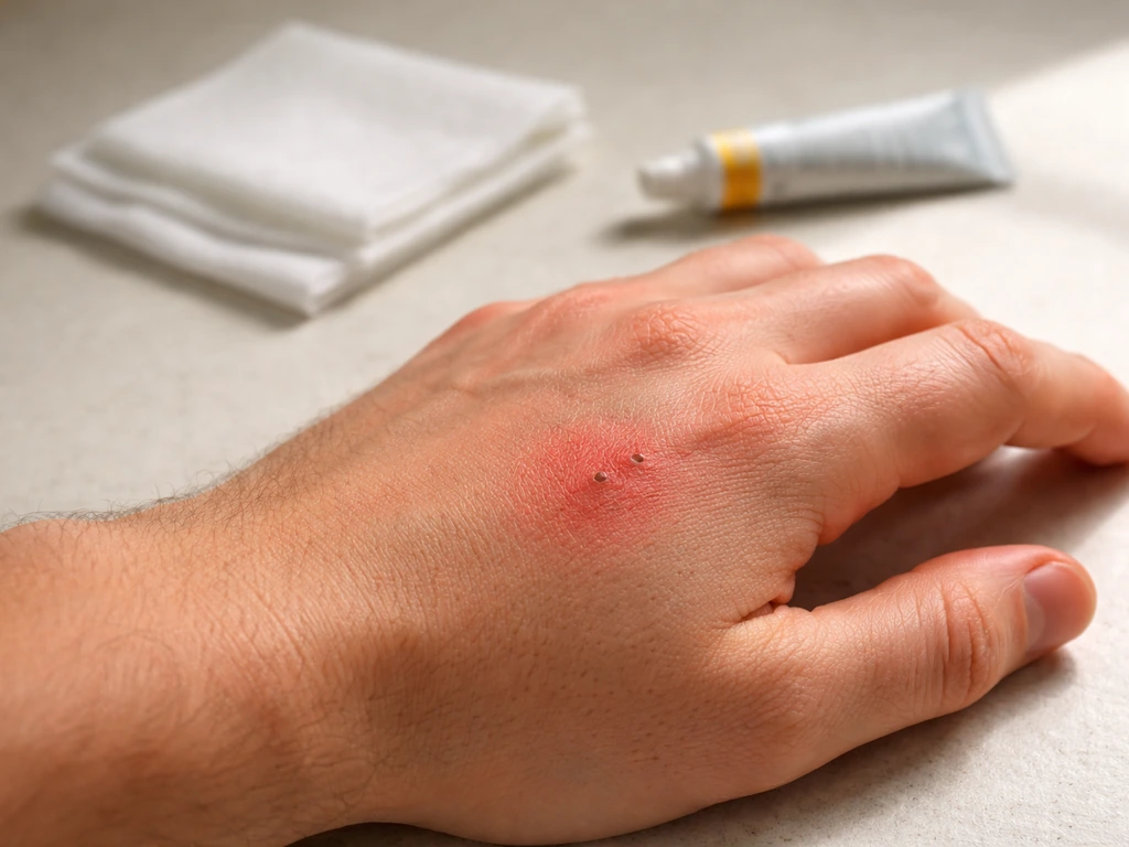 Hand with a bird bite wound showing redness and swelling, with gauze and ointment nearby