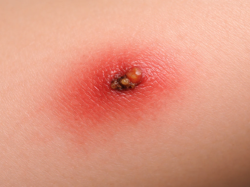 Close-up of a healing bite wound showing spreading redness, mild swelling, warmth-like inflamed area, and a small scab.