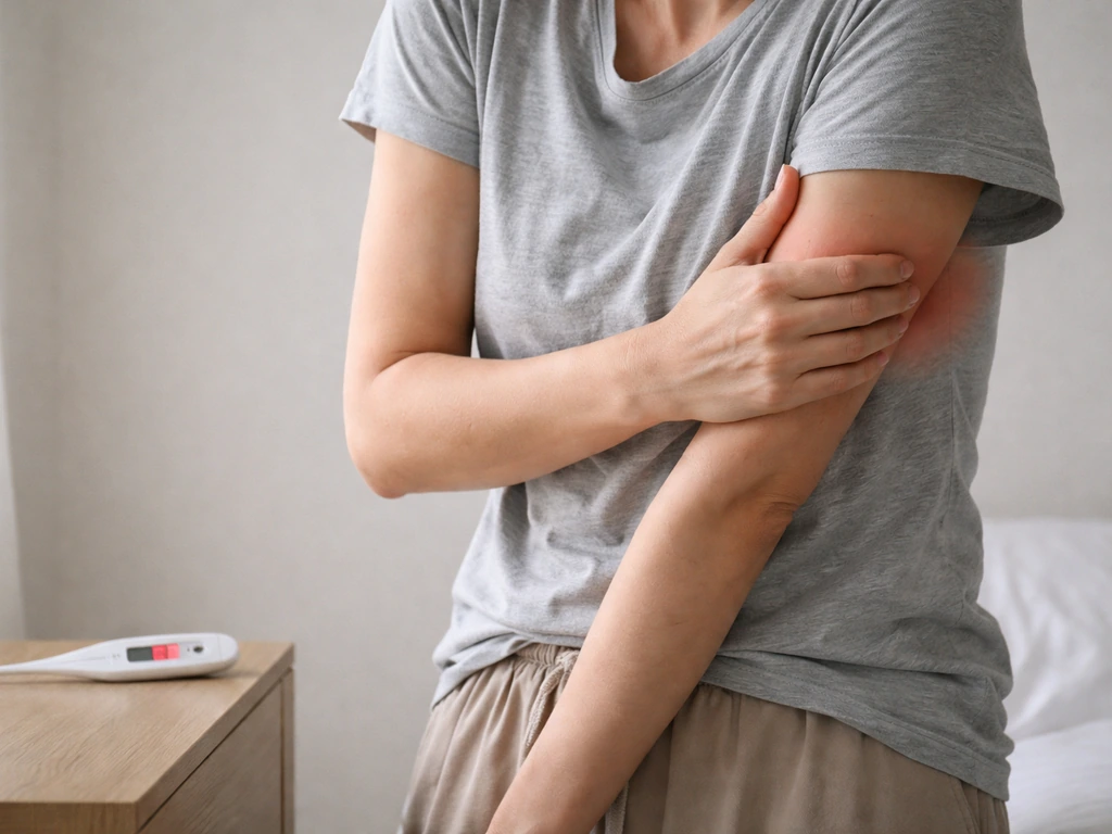 Adult holding an upper arm with tender armpit area while a fever thermometer sits nearby.