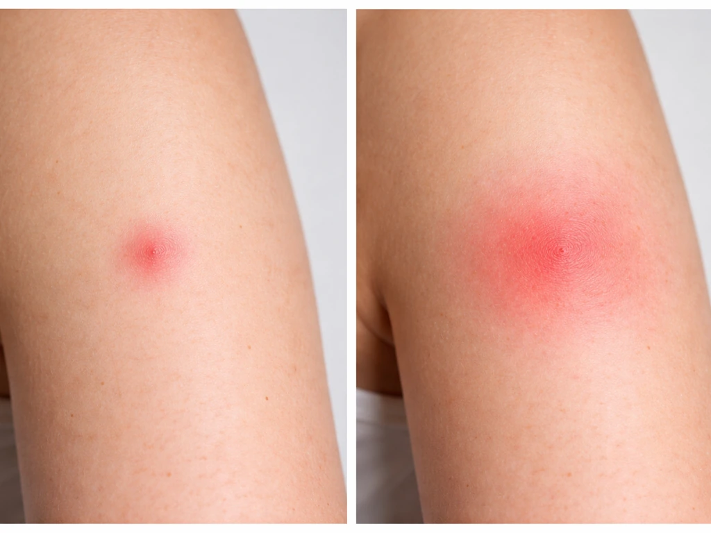 Two simple photo panels showing a bite with stable mild redness vs enlarging redness and swelling at 48h.