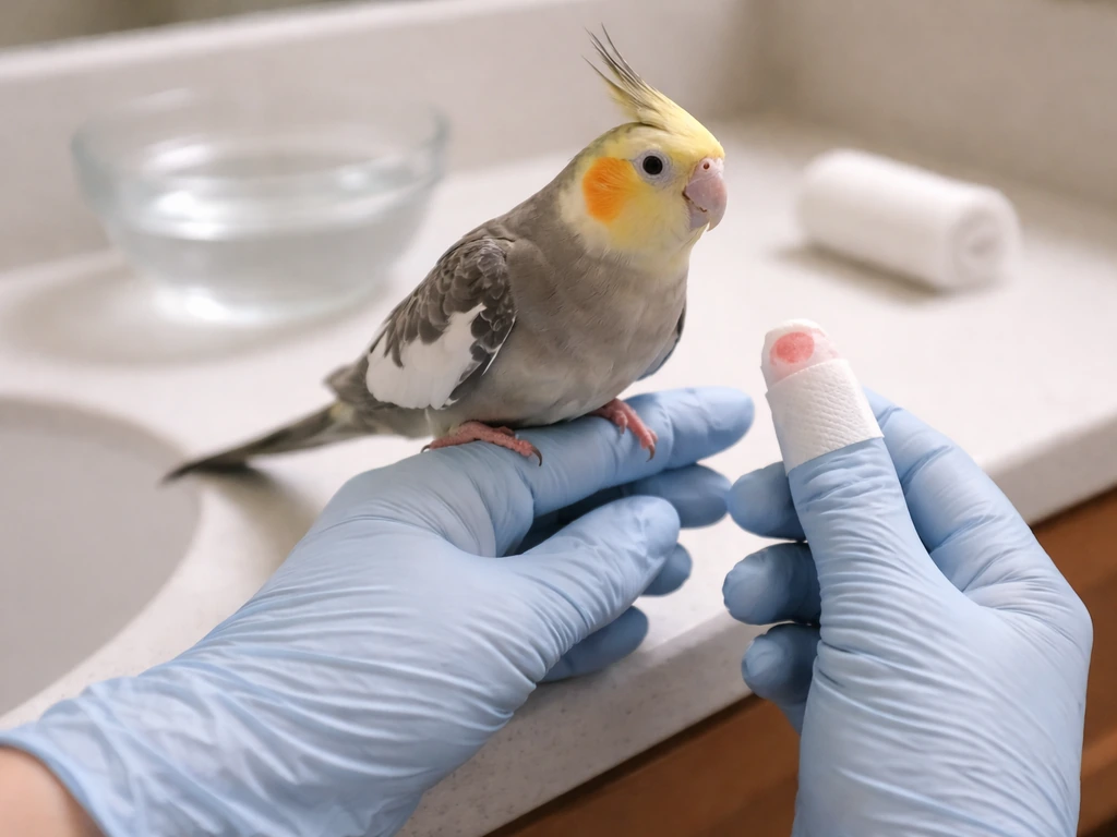 Close-up of a person gently holding a small pet bird while showing a clean bandage on a hand