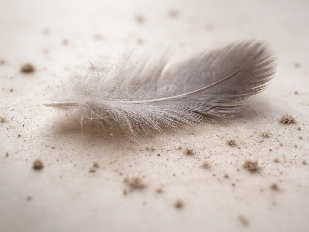 Close-up feather with powdery wax residue and dust-like dander specks on a clean surface.