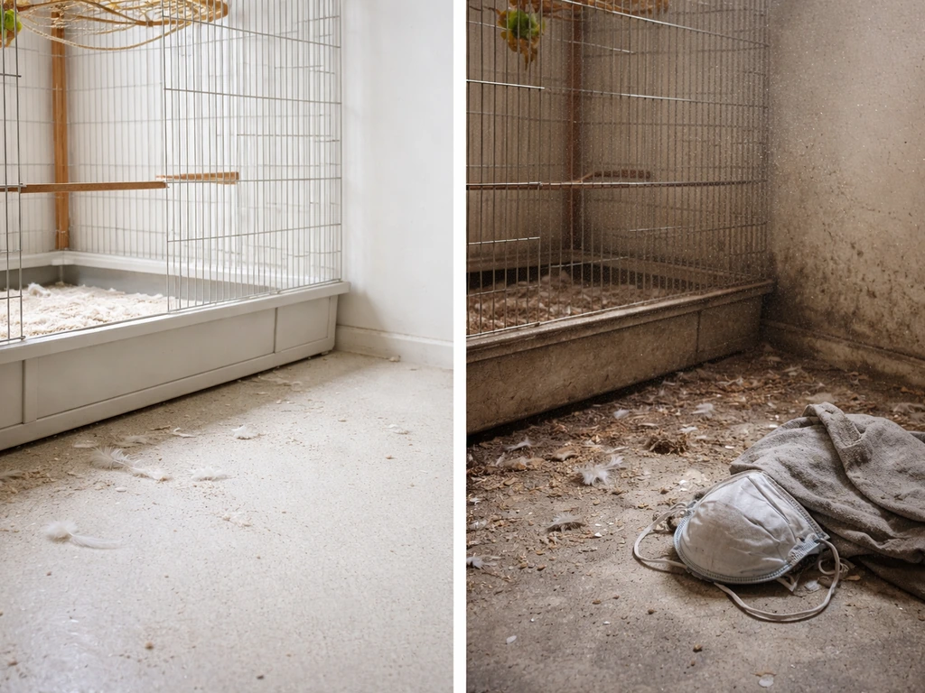 Left: freshly cleaned bird cage area with dust settled; right: long-term dusty loft corner with lingering haze.
