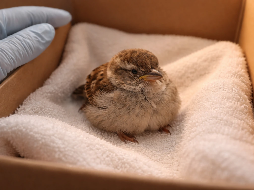 Fluffed small bird resting in a lined recovery container under gentle warmth, cared for compassionately