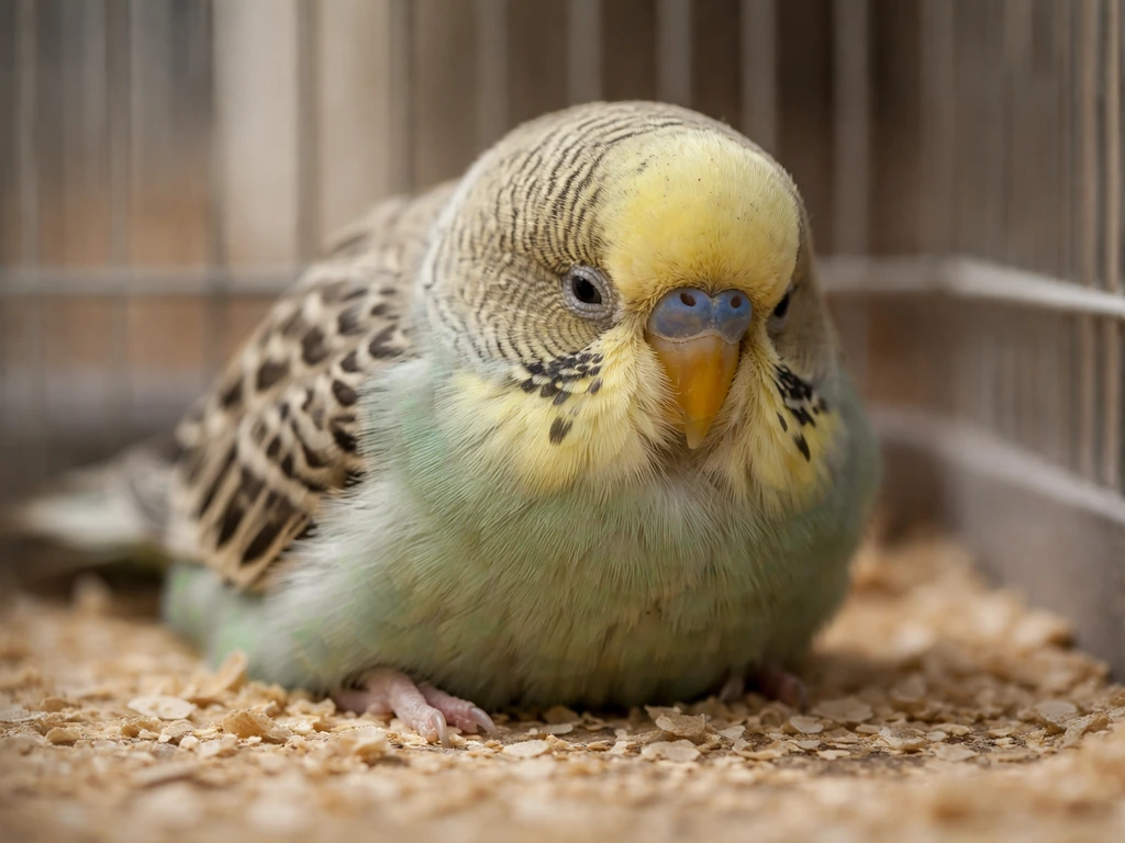 Distressed small pet bird lying on the cage floor, dull half-closed eyes signaling behavioral warning signs