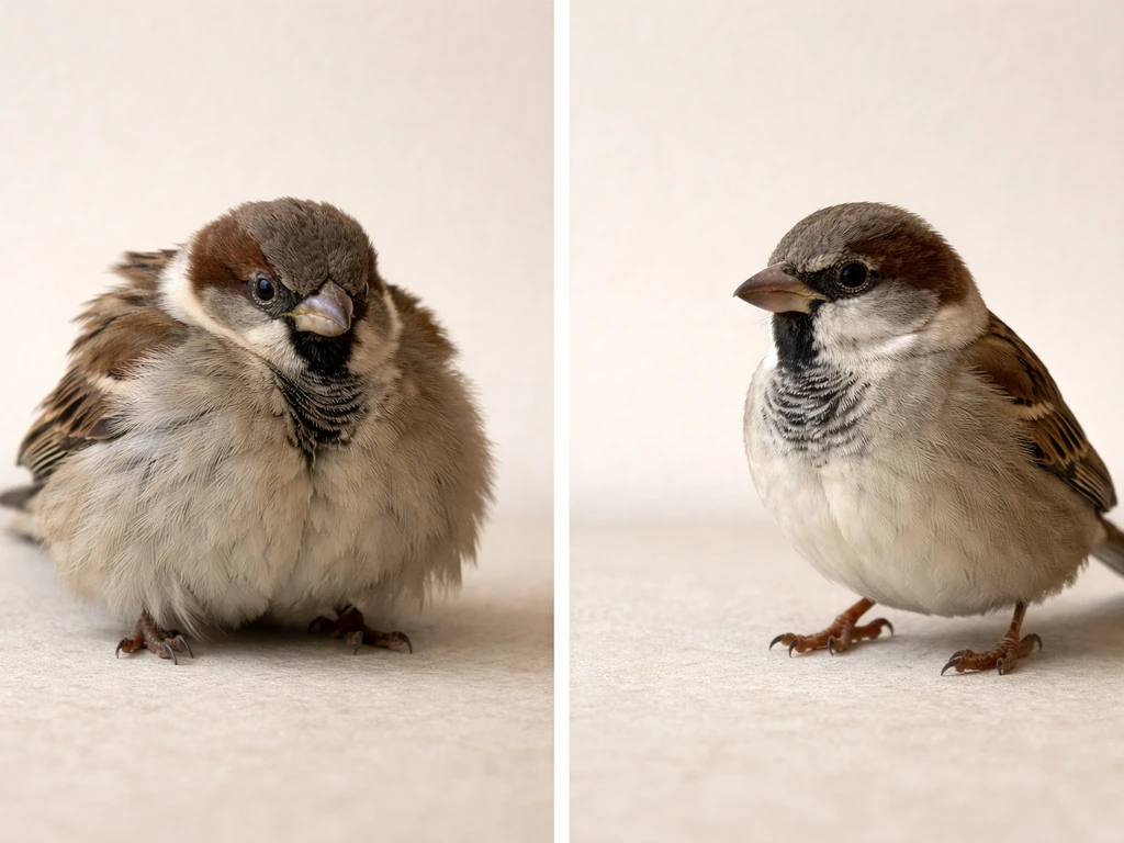 Split close-up of one bird fluffed-up vs another with normal feathers on a plain background.
