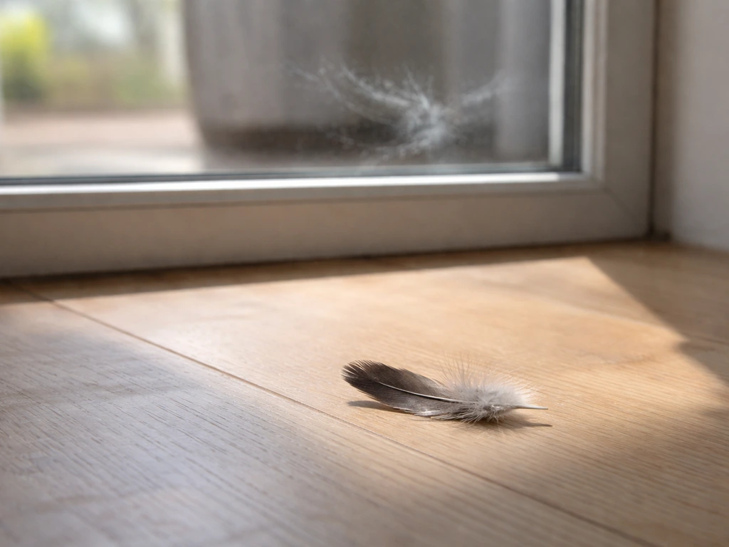 A small bird feather near a window, suggesting a window strike, with soft natural light and no harm shown.