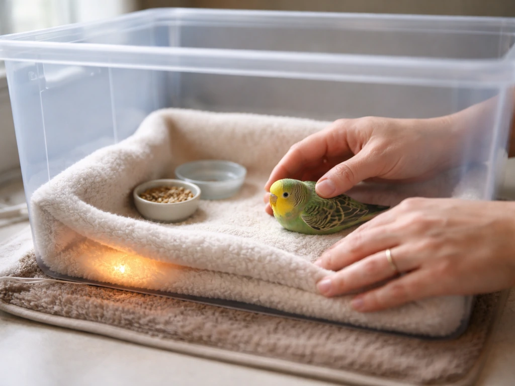 Caretaker setting a quiet, draft-free warm enclosure with a low heating pad for a small bird