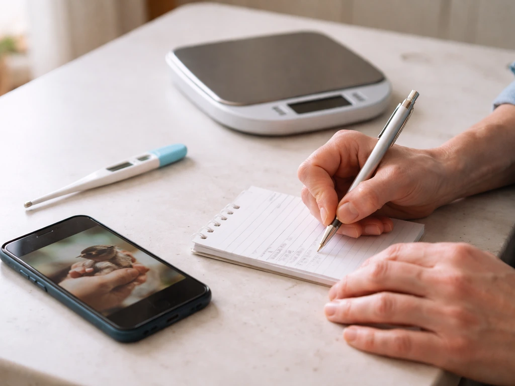 Caregiver writing symptom notes beside a phone and thermometer on a clean countertop.