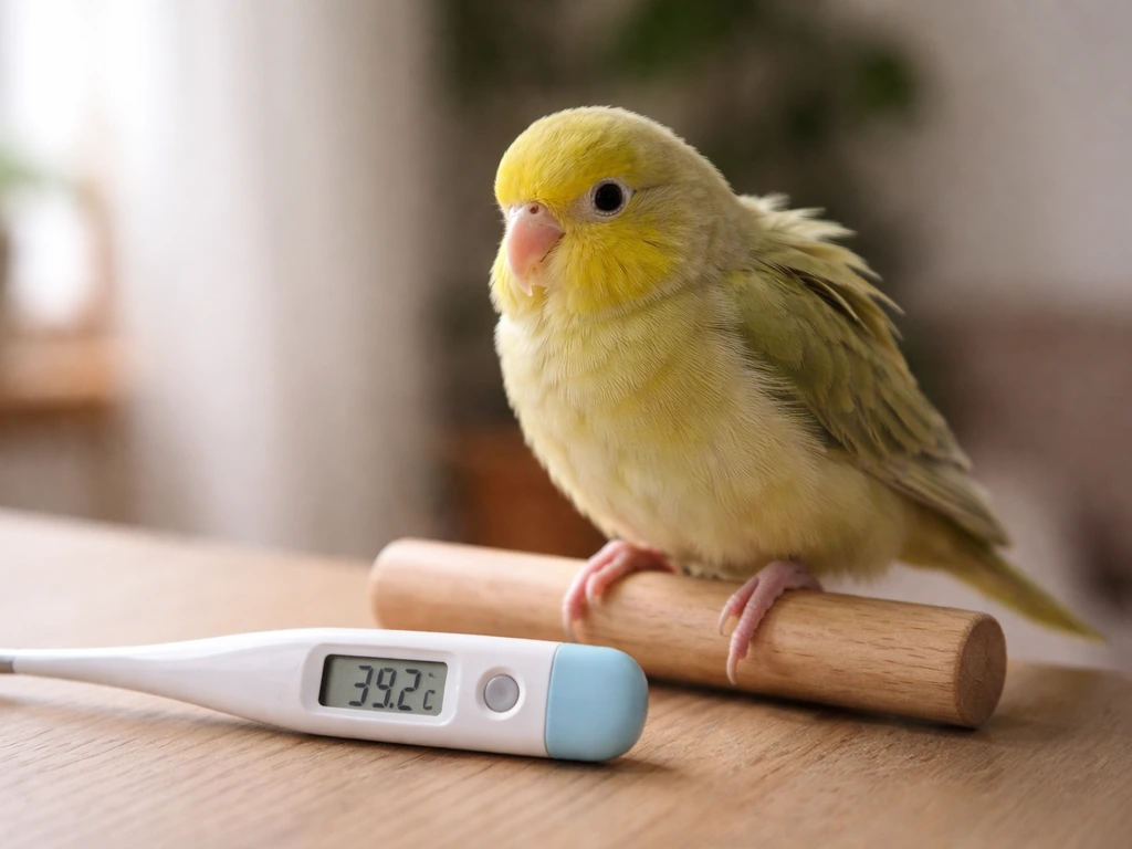 Small pet parrot calmly perched beside a thermometer, suggesting concern about whether “fever bird” is real.