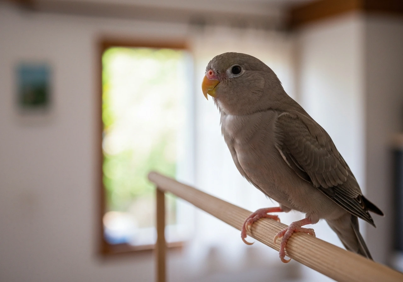 Close-up of a small pet bird perched and alert with smooth feathers on a simple wooden perch.