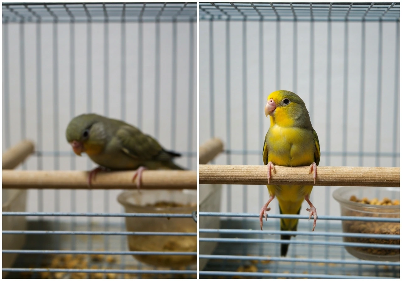 Two side-by-side photos: a lethargic bird with messy water/food vs an alert bird with clean cage setup.