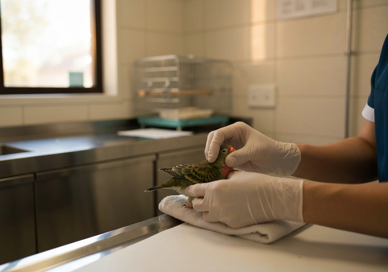 Veterinarian’s hands gently examining a small bird in a quiet clinic exam setting.