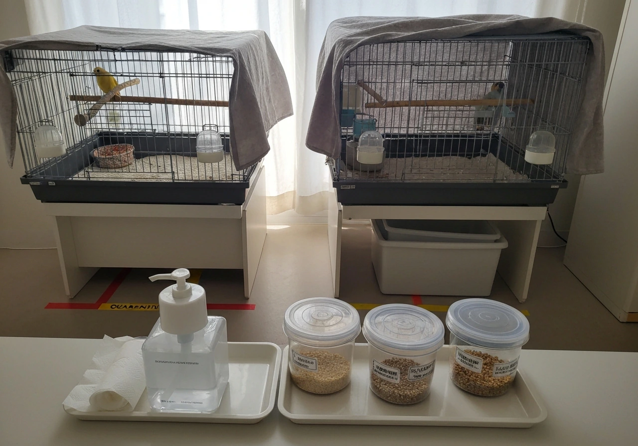 Two separated bird cages with a floor quarantine tape marker and nearby hand-sanitizing station.