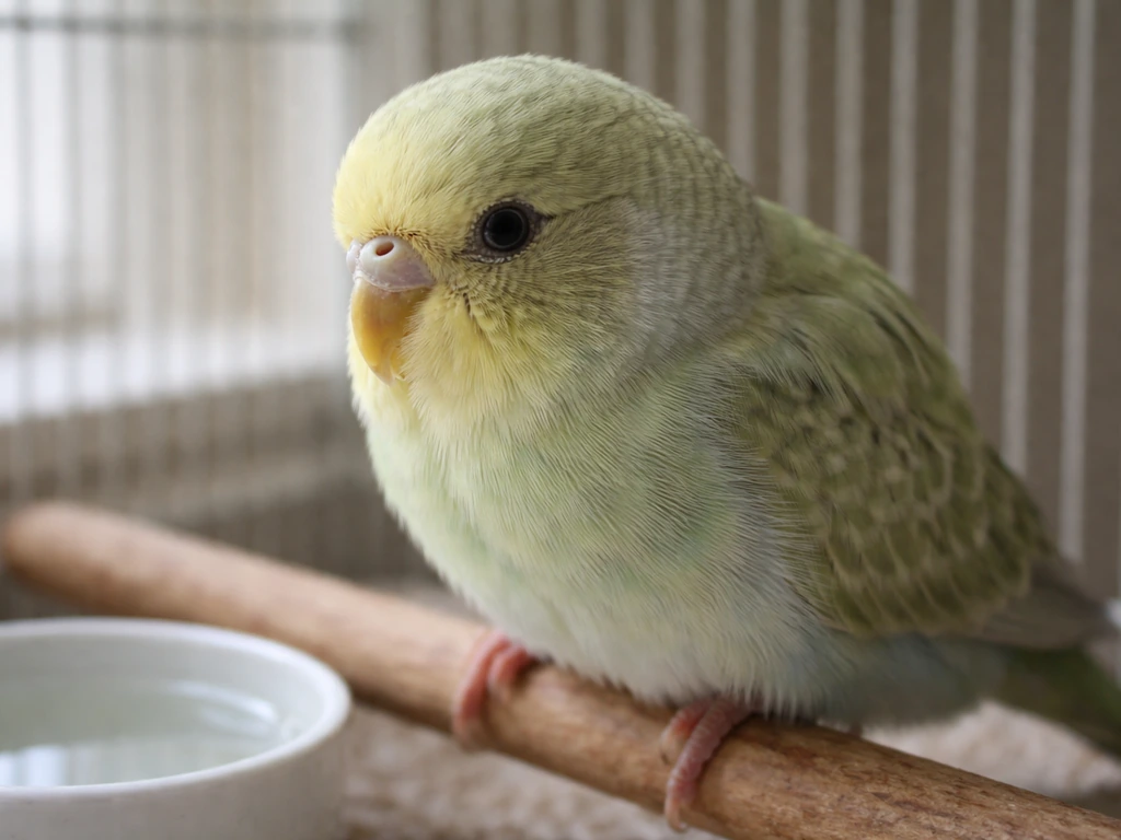Close-up of a pet bird in a clean cage showing mild puffiness and slight eye/nasal discharge