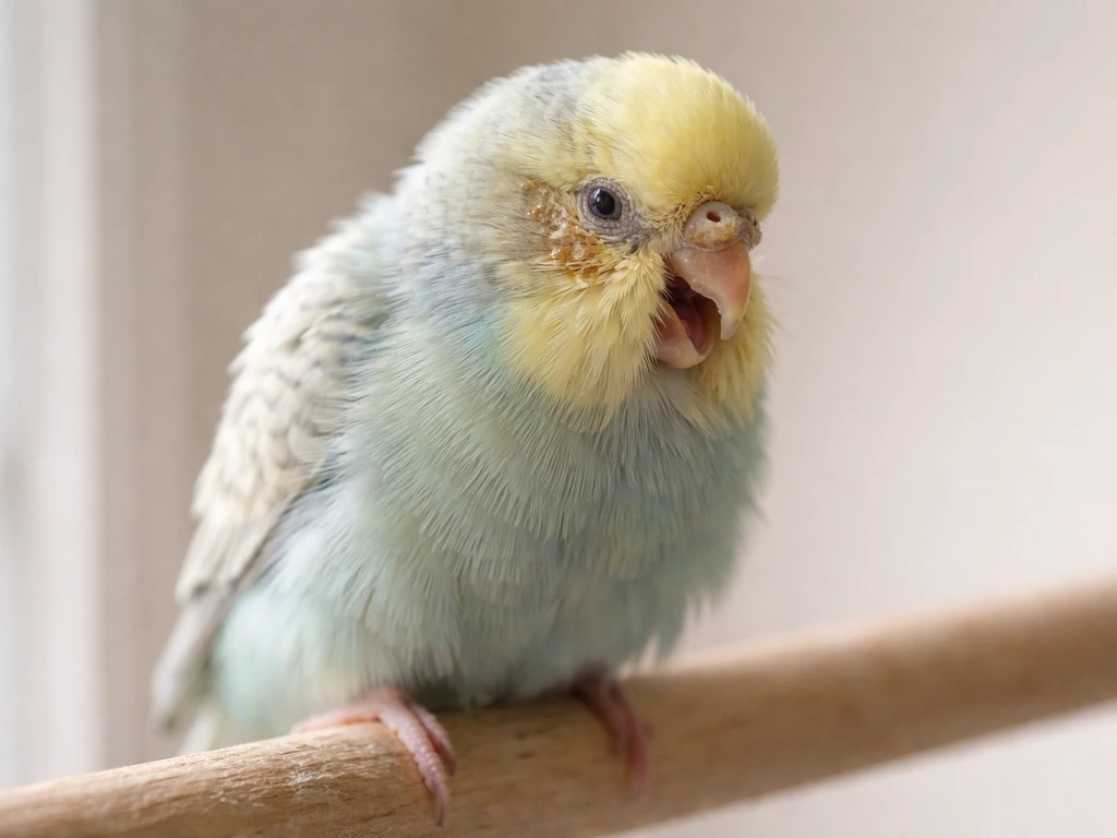 Close-up of an aviary bird with watery nostril discharge, crusty eye discharge, and slight sneezing posture.