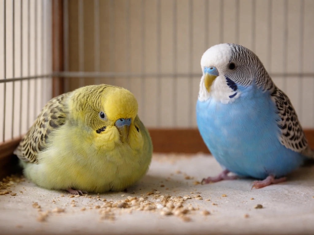 A small pet bird sits low in its cage, fluffed and hunched, looking less active than a healthier bird nearby.