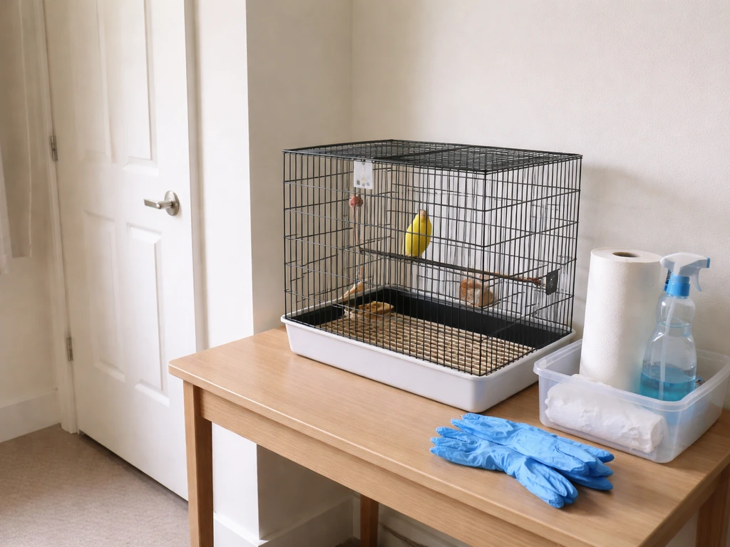 Sick bird isolated in a separate cage in a quiet room with gloves and cleaning supplies nearby.