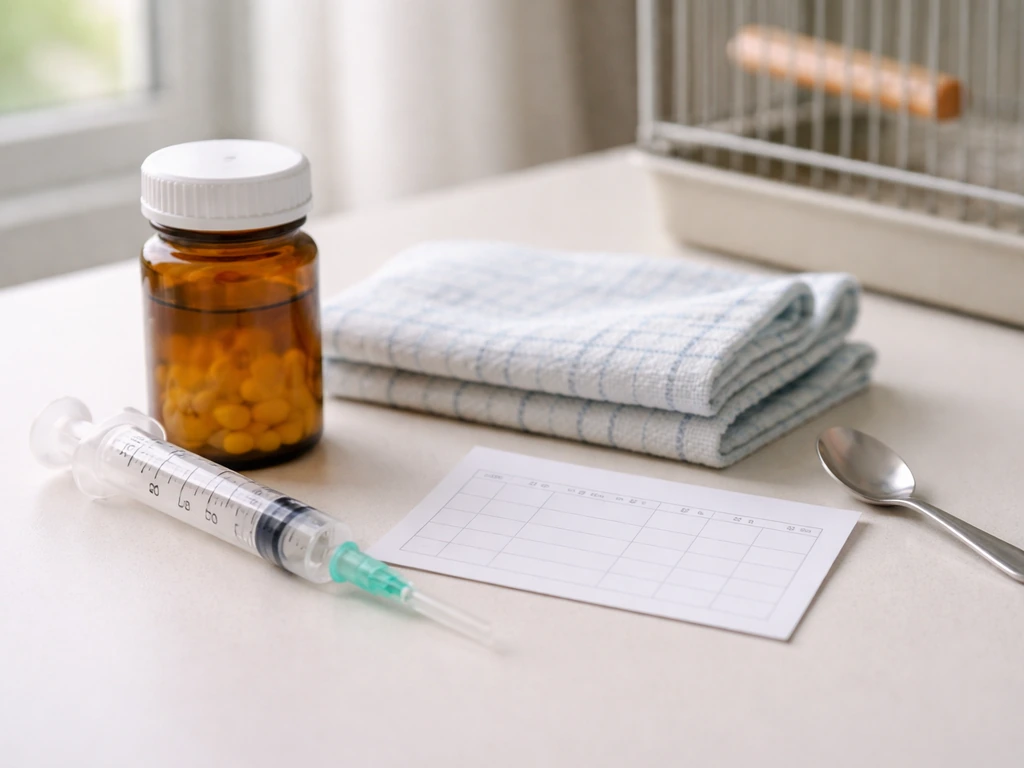 Close-up of capped antibiotic bottle, syringe, and simple note card beside bird-care items on a table