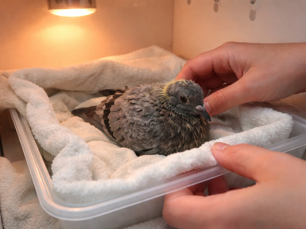 Caregiver’s hands preparing a sick young pigeon in a clean, warm isolation enclosure with soft bedding.