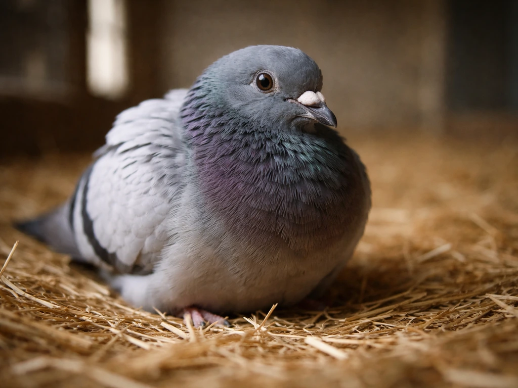 Close-up of a young pigeon showing posture and breathing cues in a simple, safe indoor setting.