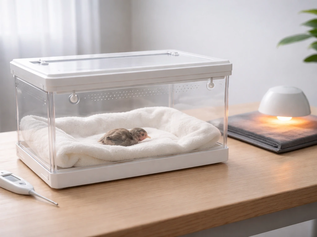 Clean isolation box with soft bedding and a safe thermometer/heat setup for a sick baby bird.