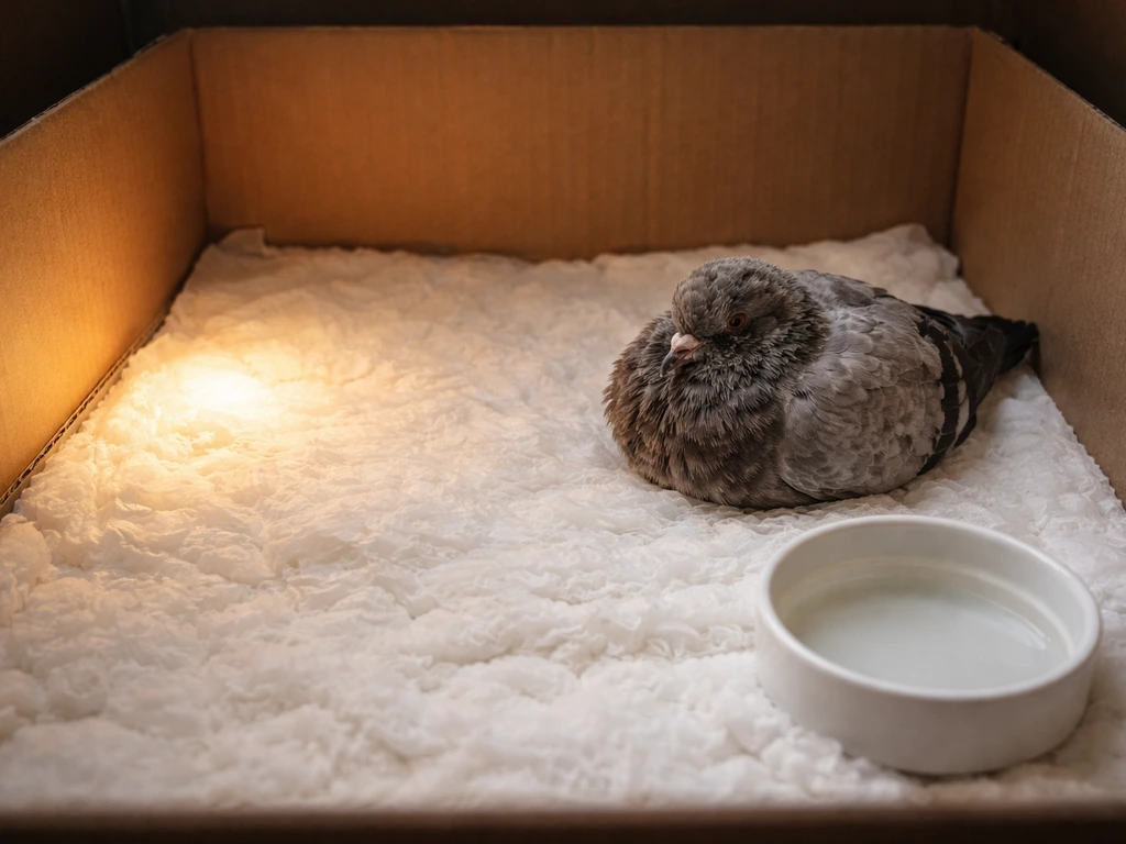 A young pigeon in a simple enclosure with a gentle heat pad on one side and fresh water nearby.
