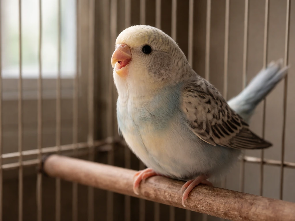 Close-up of a small pet bird in a simple indoor cage, showing stressed breathing posture.