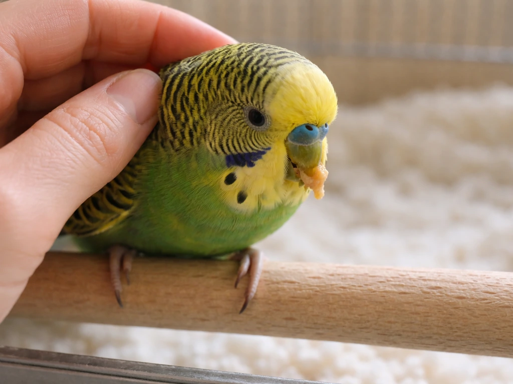 Close-up of a pet bird on a perch with slight hunched posture and moist regurgitation at the beak.