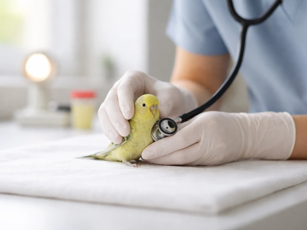 Gloved veterinarian examining a small pet bird on a clinic table with diagnostic tools nearby.