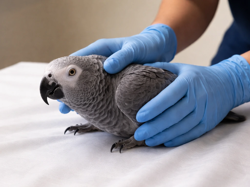 Gloved hands carefully stabilizing an anxious African grey parrot on a clinic exam table.
