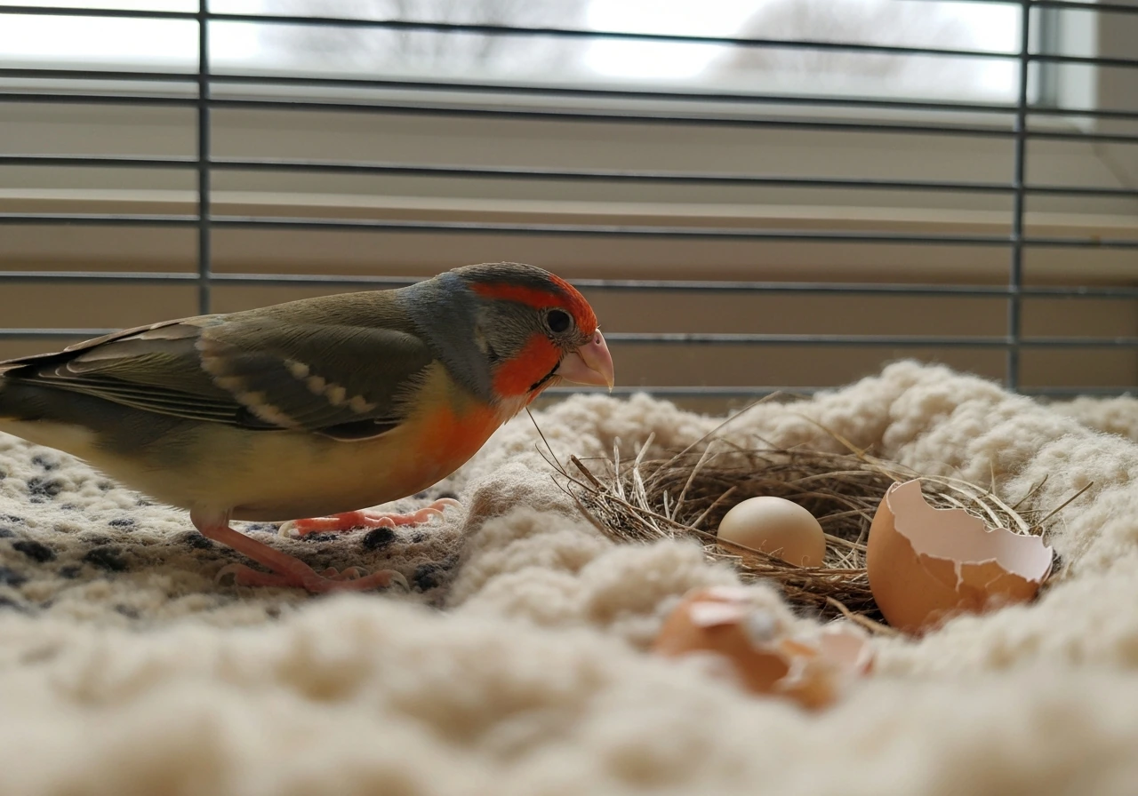 Small pet bird perched beside a nest area with eggshell fragments and a visible egg context