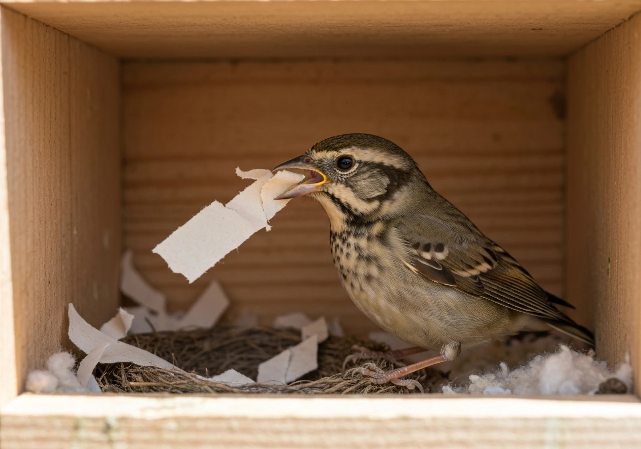 A small bird shredded paper and carried nesting material into a simple wooden nest box.