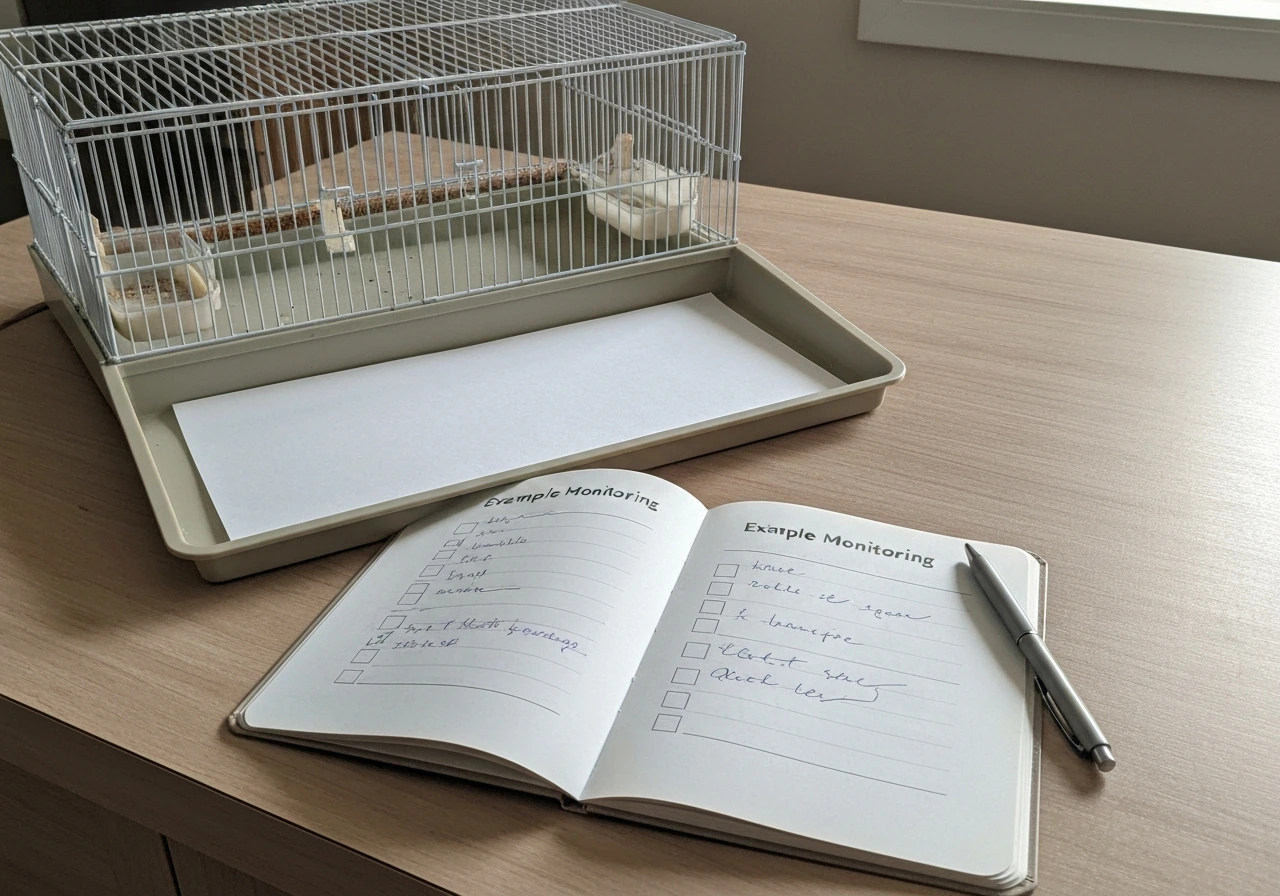 At-home bird monitoring setup: paper-lined cage tray with a symptom checklist and pen beside the enclosure.