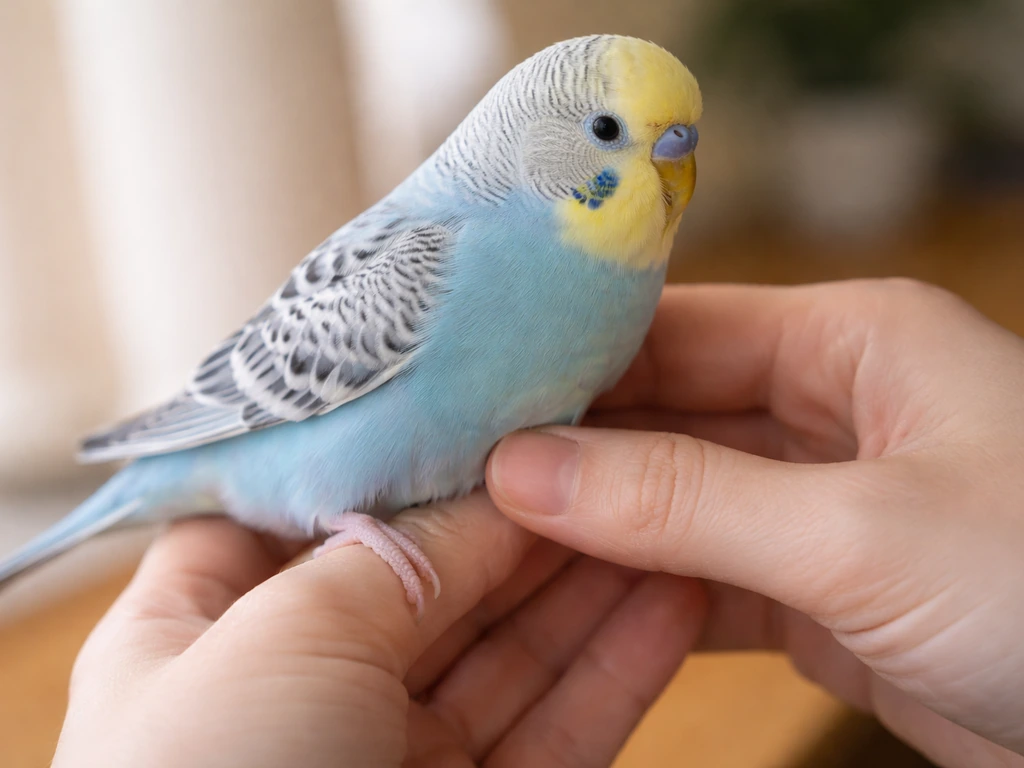 Caretaker’s hands gently palpate a calm small bird’s lower abdomen while it stays still.