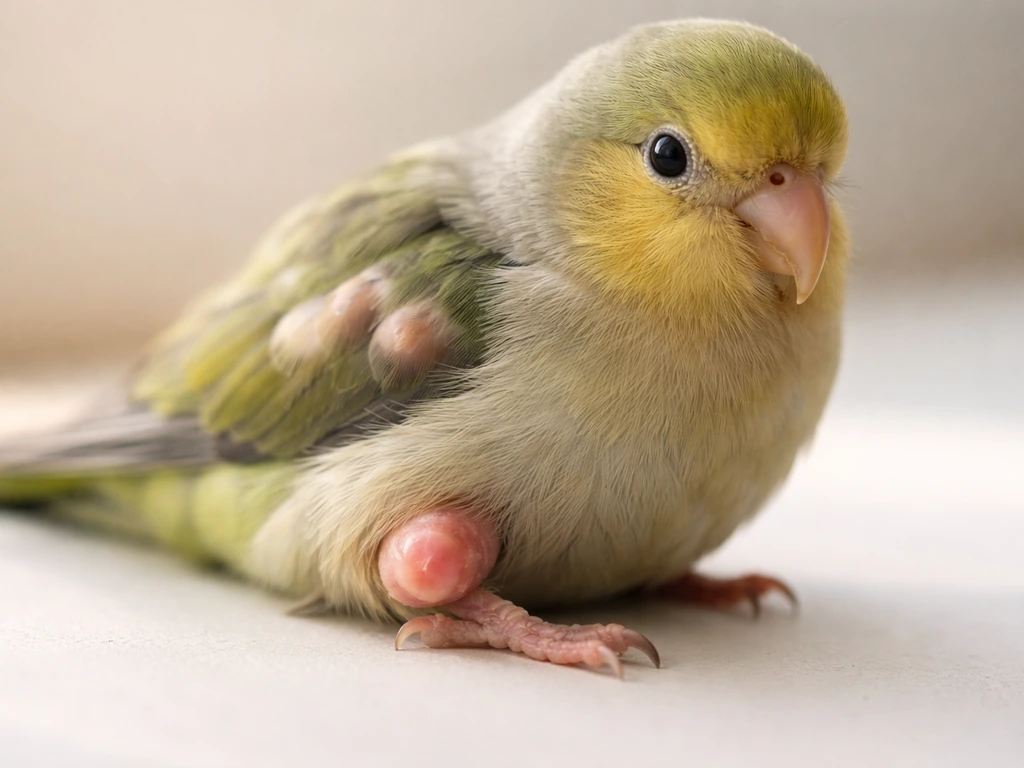Close-up of a small bird’s feathered leg with a visible lump and blurred benign-like bumps nearby