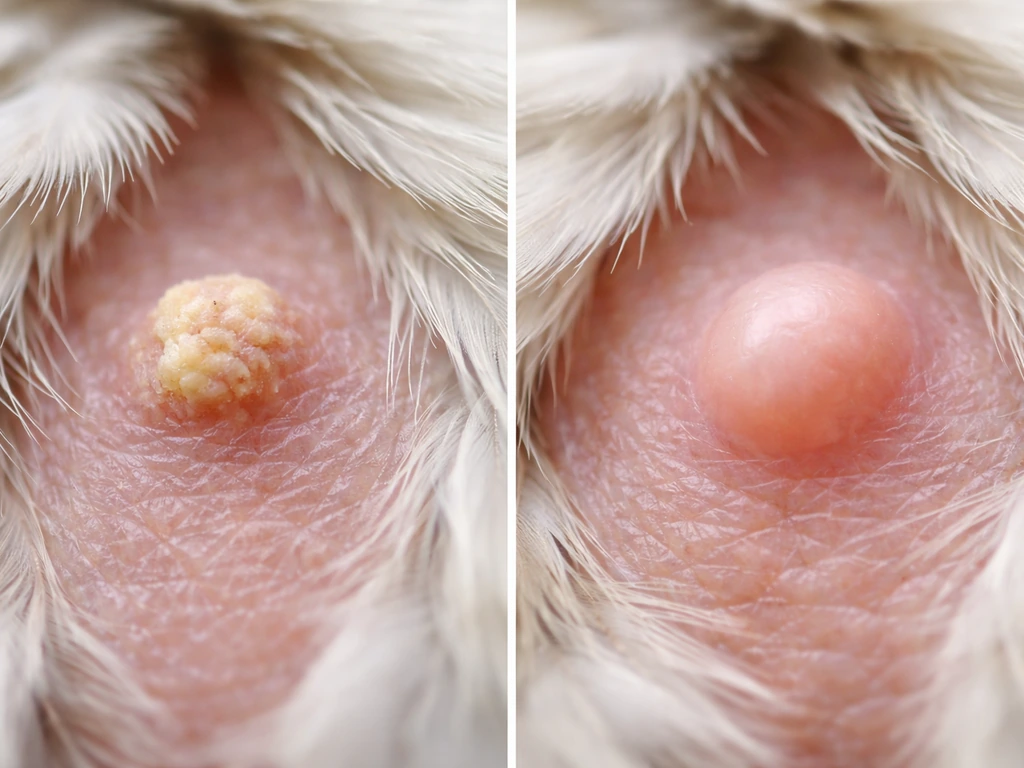 Close-up of a bird’s skin with two benign bumps—one abscess-like firm nodule and one smoother cyst.
