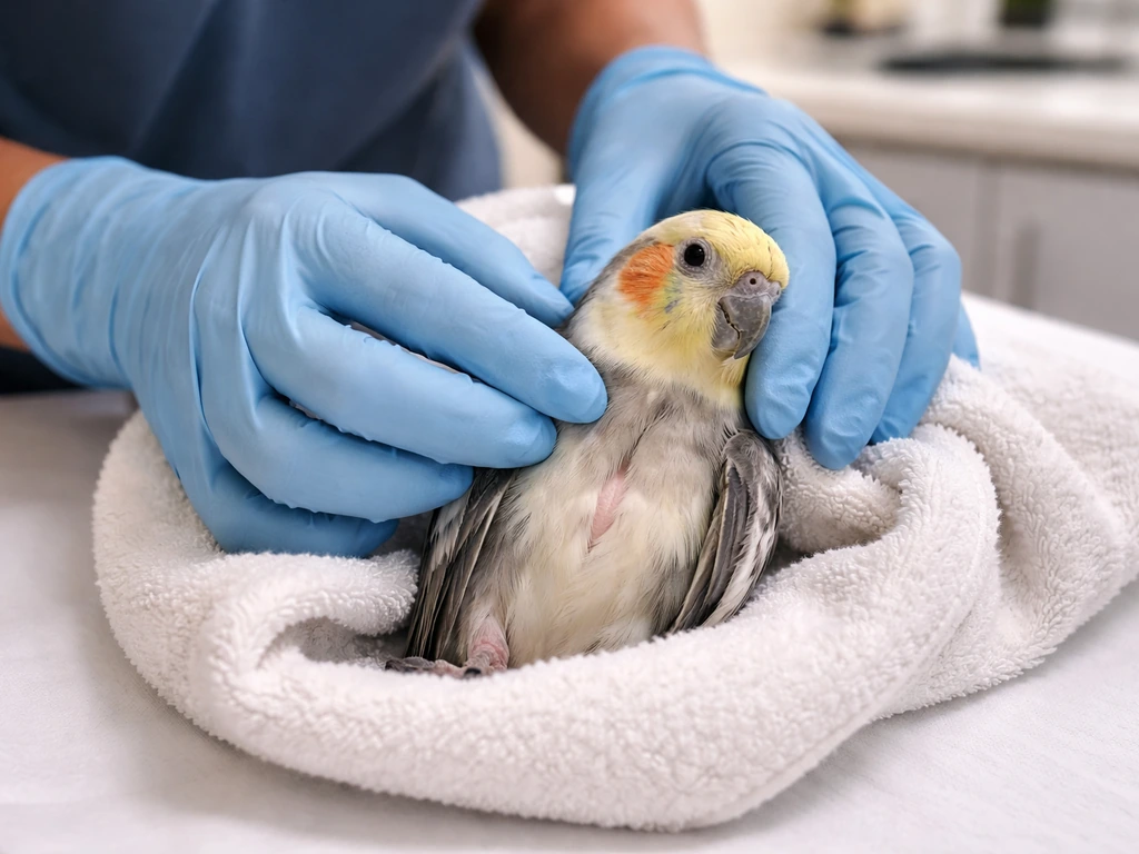 Gloved hands palpating a safely secured small pet bird during an avian vet body-condition check.