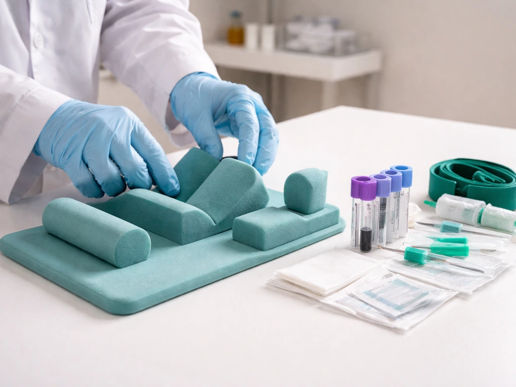 Veterinarian preparing radiograph positioning gear and blood collection supplies for an avian diagnostic case.