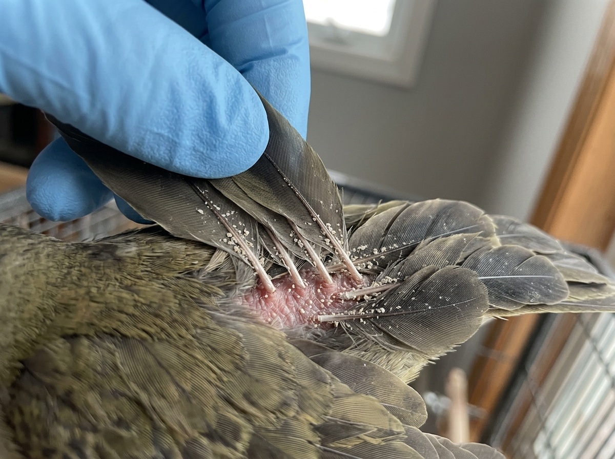 Feather shaft debris and pale speckling consistent with feather mites or lice