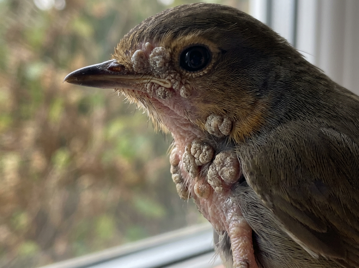Avian pox lesions on unfeathered skin and nodules near the throat area