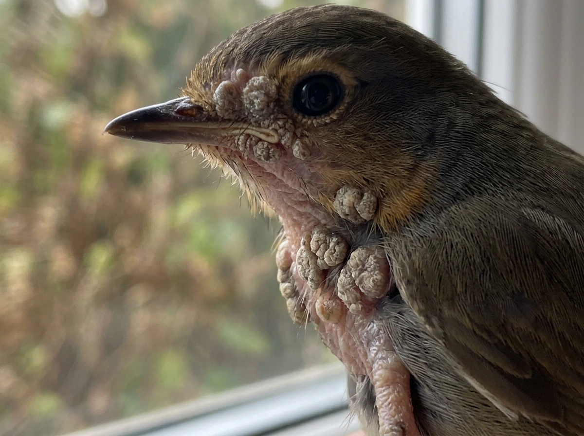 Avian pox lesions on unfeathered skin and nodules near the throat area