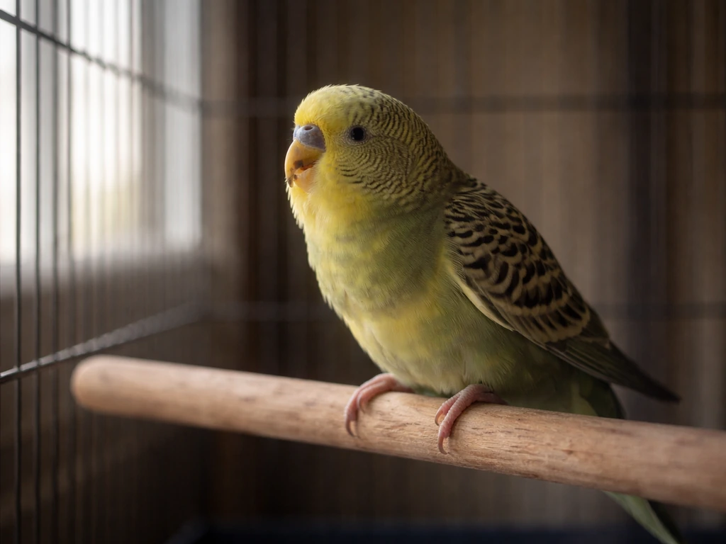 Side-profile bird in a quiet cage showing open-mouth breathing and slight tail-bobbing posture at rest