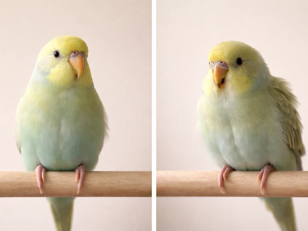 Two small pet birds on simple perches: one upright and calm, the other hunched with visible breathing effort.