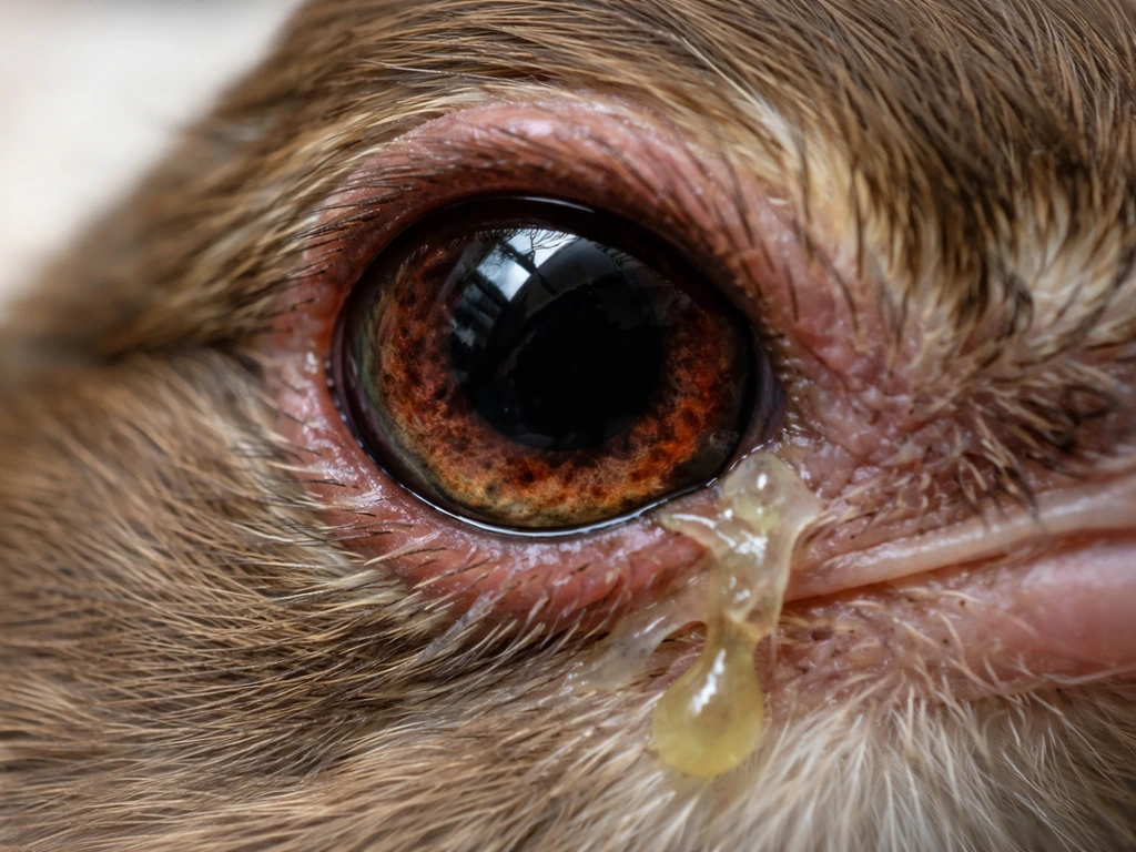 Macro close-up of an animal eye with watery discharge, mild redness, and a slightly swollen eyelid.