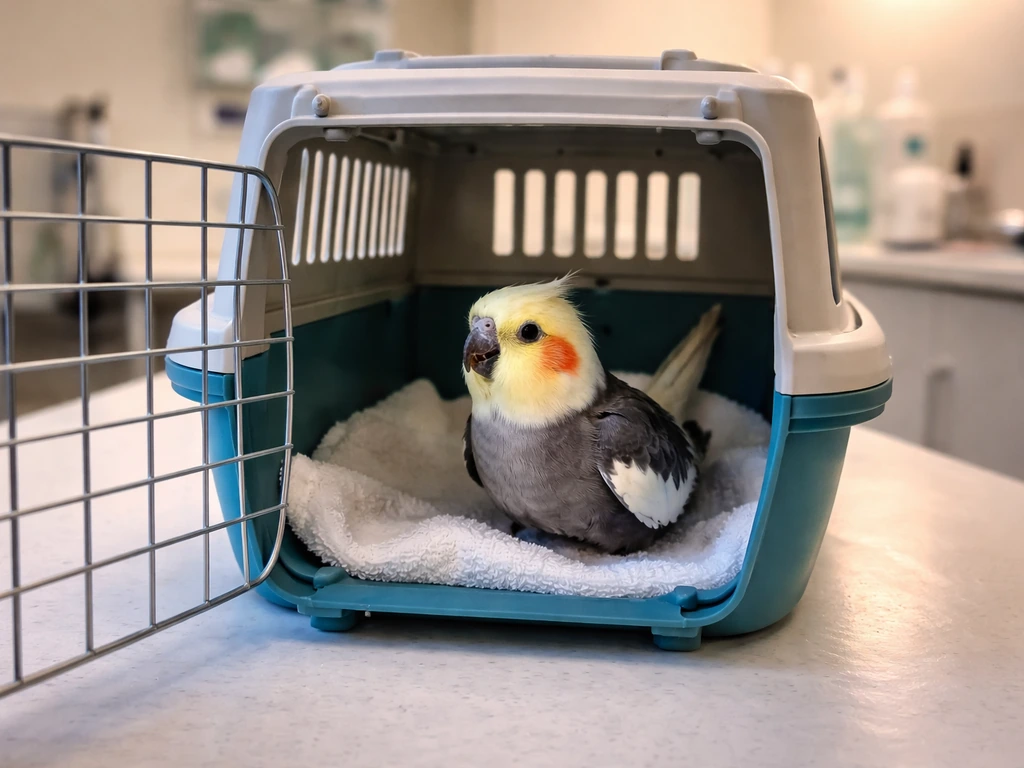 Small pet bird in a ventilated carrier on an exam table, beak open as it breathes urgently.