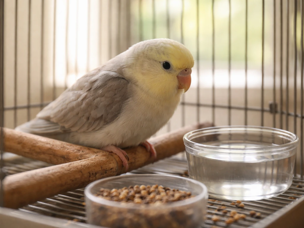 Close-up of a small pet bird in a home cage, perched near food and water with slightly tucked posture.